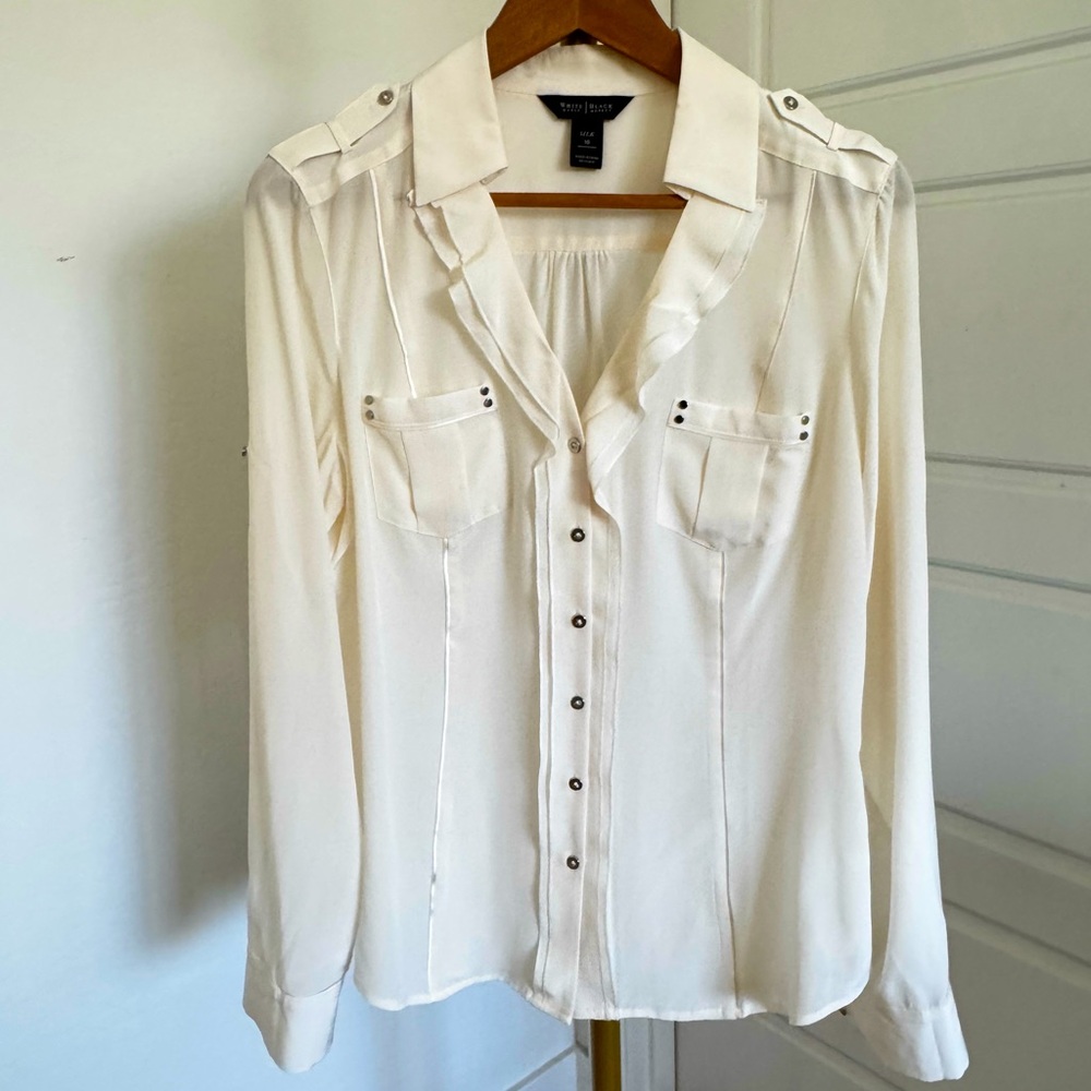 Women's Silk V Neck Button Down Long Sleeve‎ Quiet Luxury Top Size 10 Minimalist